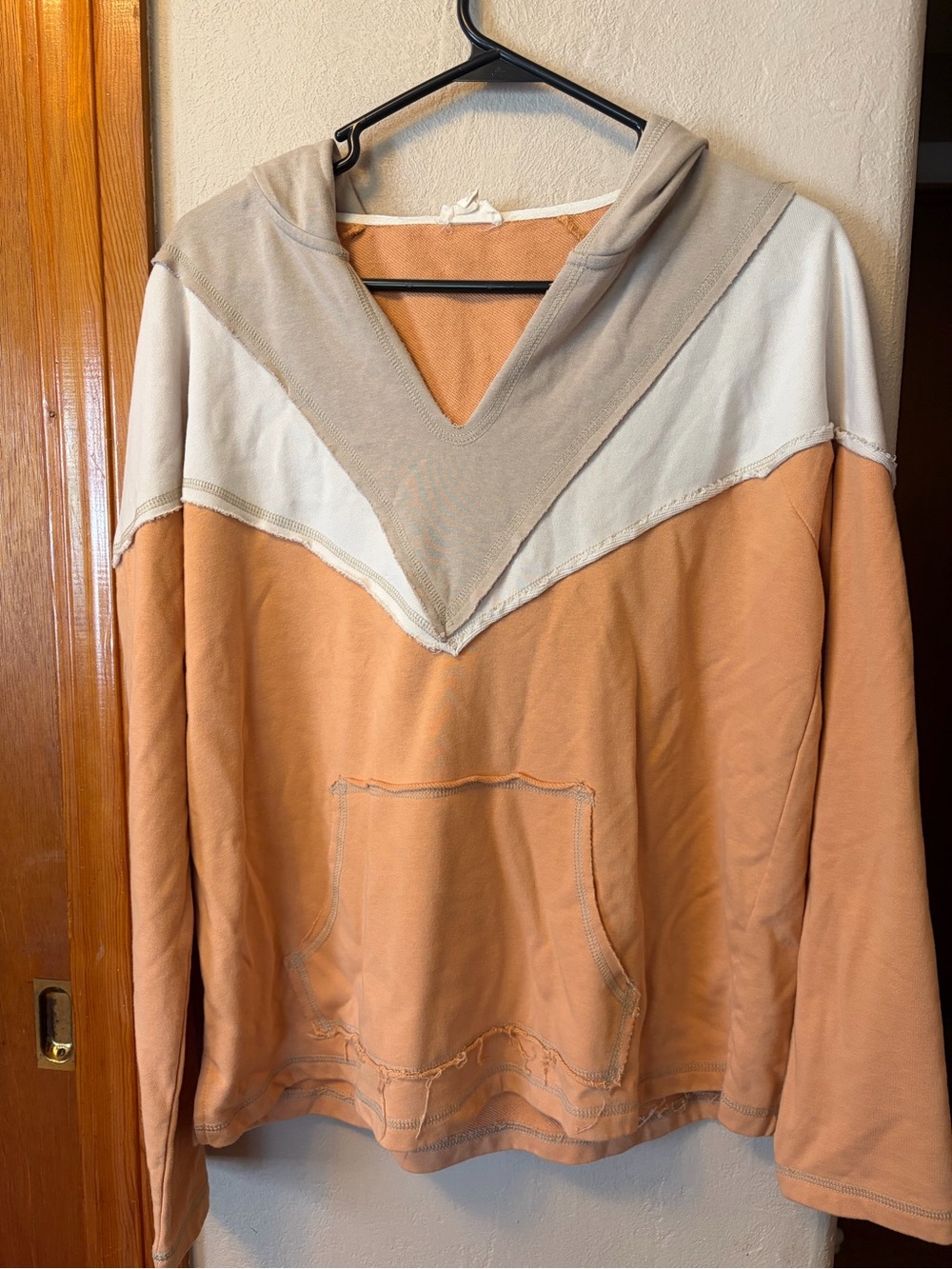 Hem & Thread Peach, Cream & Tan Colorblock V-Neck Hoodie